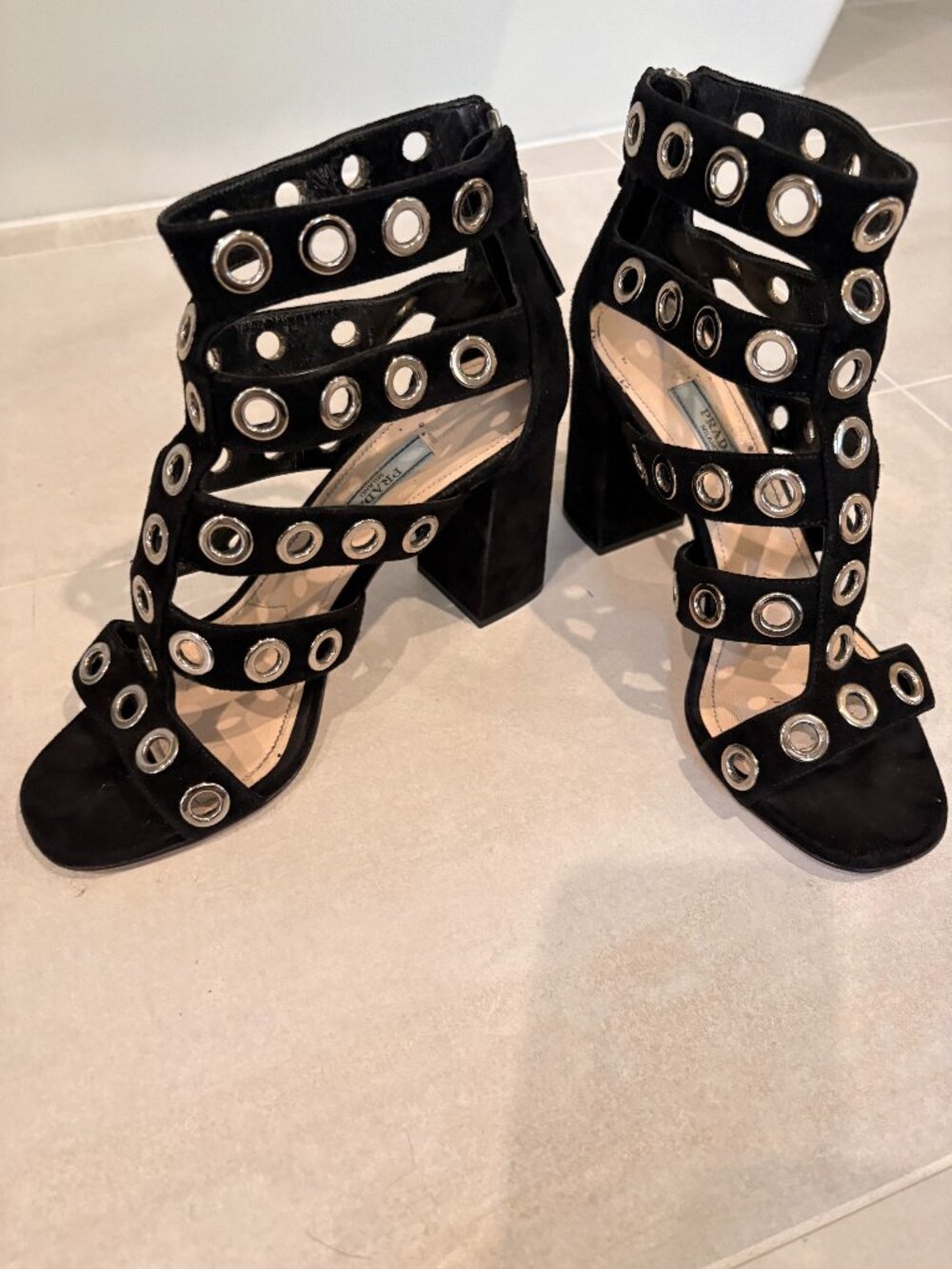 Vintage Prada  black suede heels with grommet detail size 6